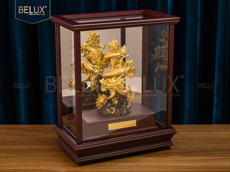 Tượng Rồng quấn cột dát vàng 24k&nbsp;36x28x17cm